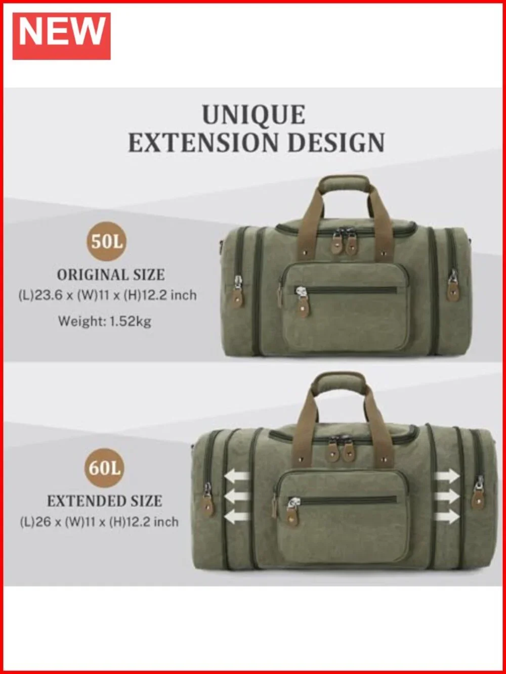 Canvas Travel Duffel Bag 60L Expandable Weekender Carry-On